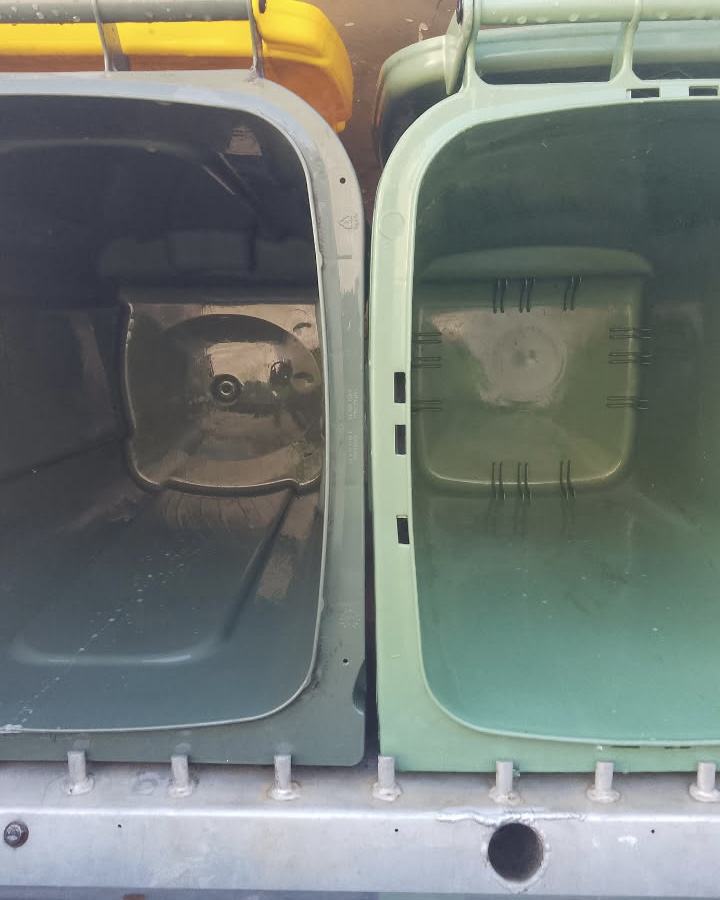 Two wheelie bins cleaned in the CQ Bin Cleaners truck rig