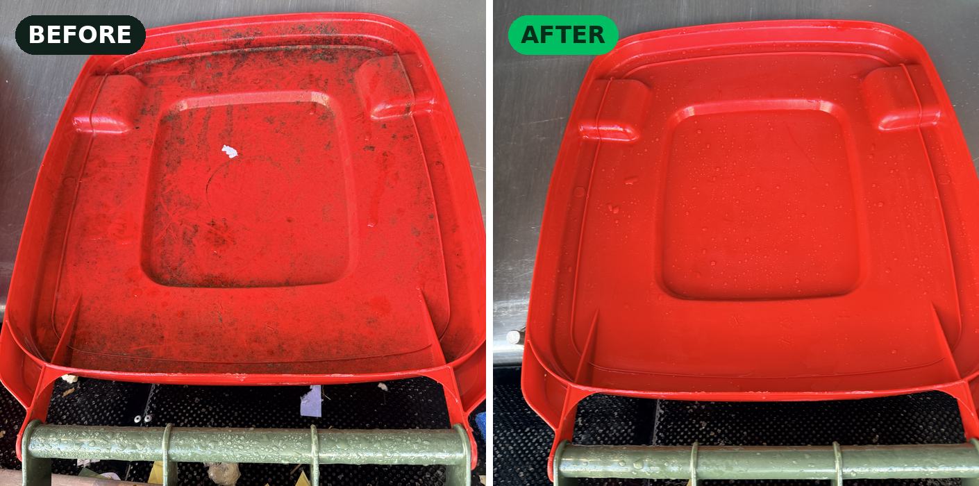 Red-lid wheelie bin lid before and after cleaning